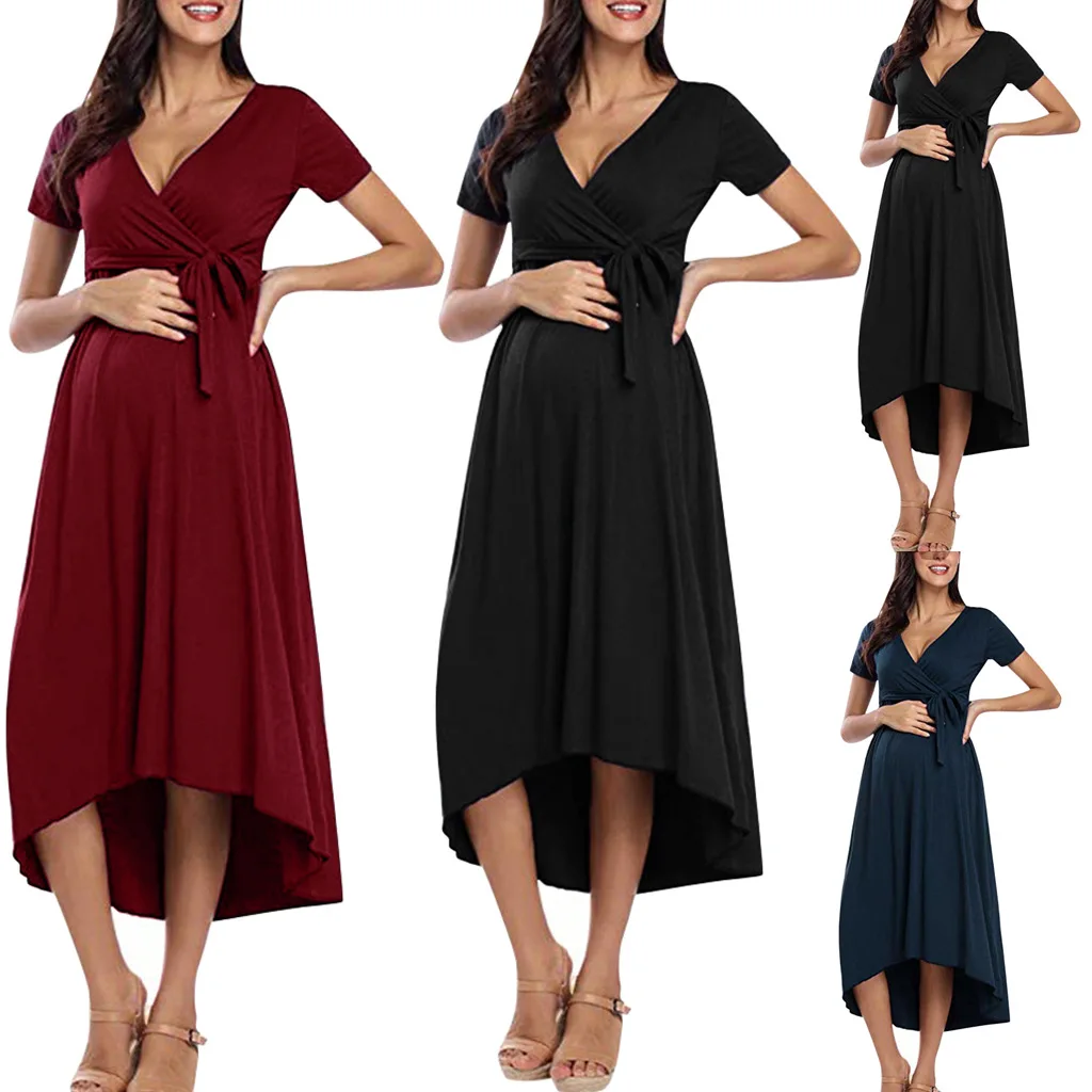 

2022 Maternity Clothes Plus Size Maternity Dresses V Neck Short Sleeved Belted Women's Nursing Dresses Breastfeeding