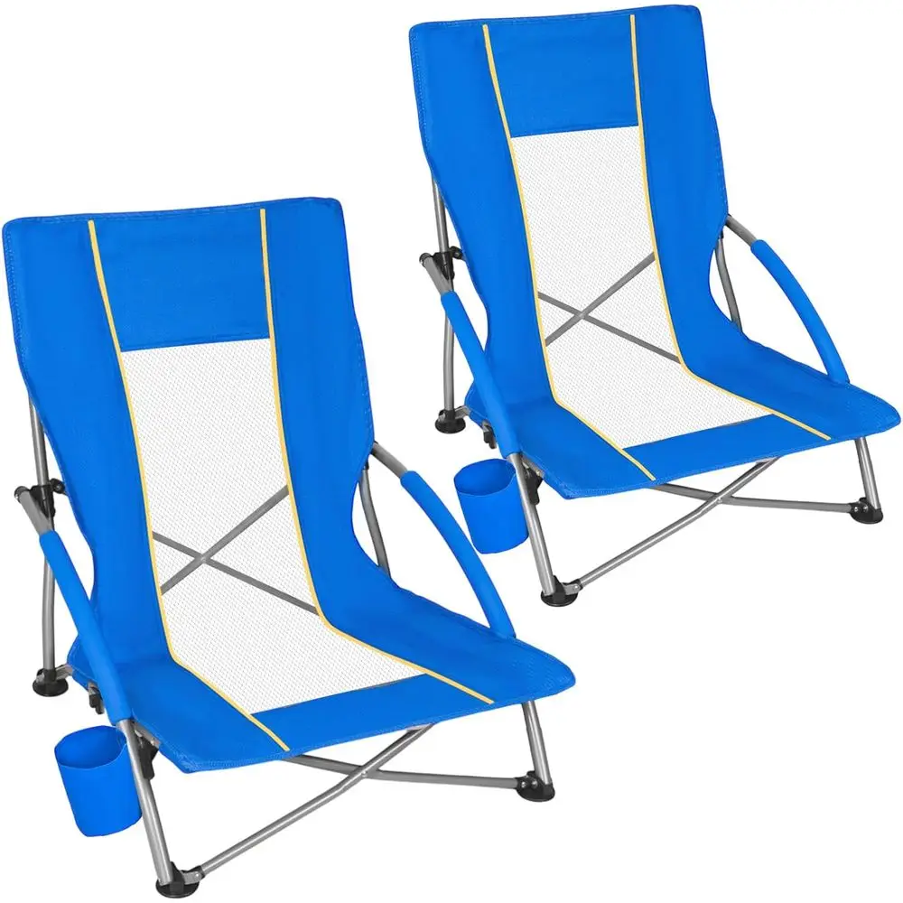 2-Pack Lightweight Folding Sand Chairs with Mesh Back and Cup Holder, Portable for Camping, 300lbs Capacity, Blue