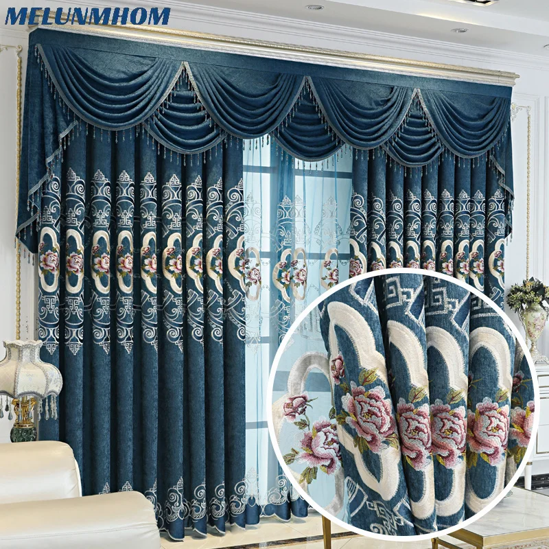 Melunmhom Chinese Style Chenille Cashmere Embroidered Blackout Curtains for Living Room Bedroom Villa Valance for Window Customi