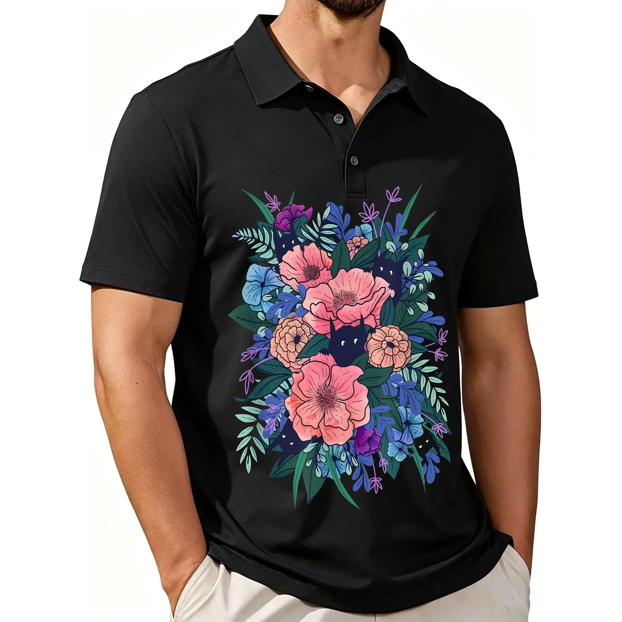 Men's Printed Short-Sleeved Polo Shirt with Blue Wildflower Floral Pattern, Stylish and Casual Fit, Breathable Fabric, Suitable for All Seasons.