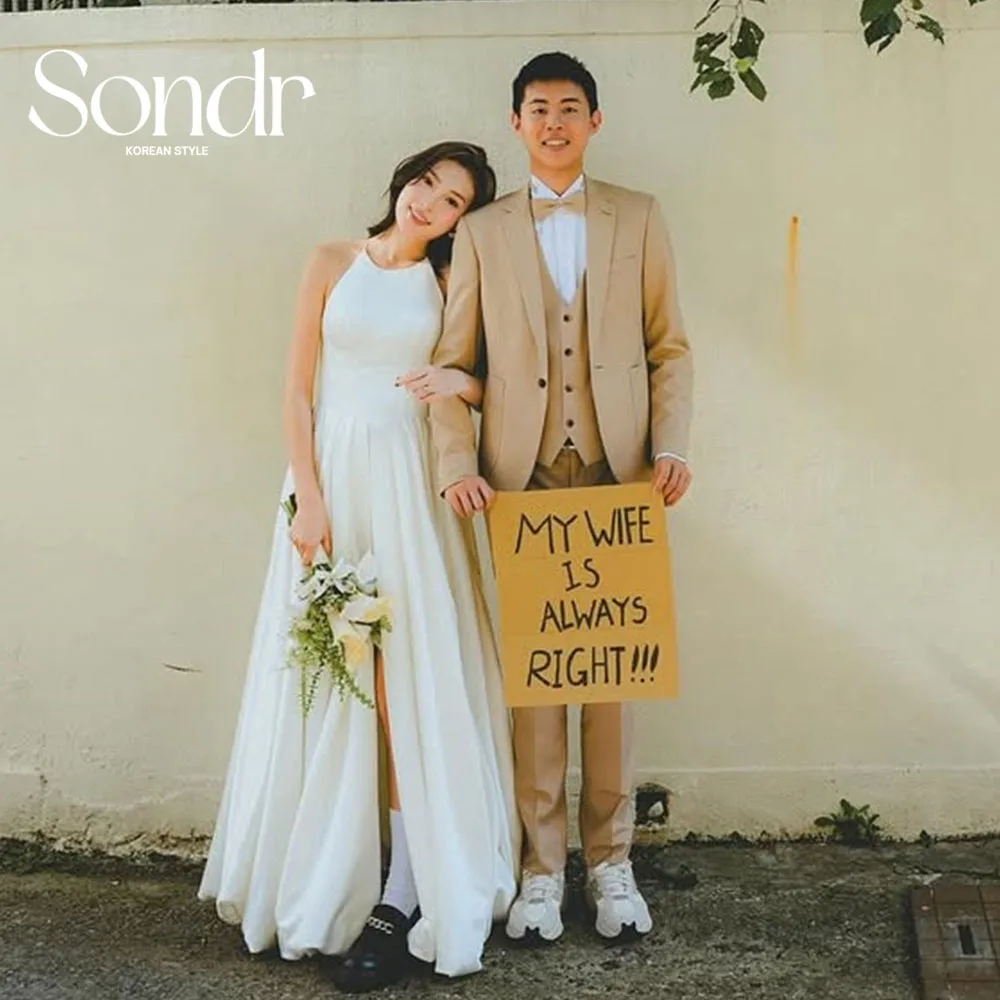 Sondr o-pescoço sem costas vestidos de casamento coreano sessão de fotos alta fenda uma linha elegante vestido de festa de casamento japonês vestido personalizado