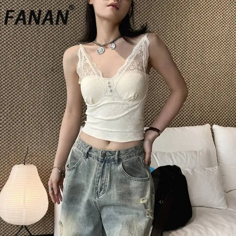 

FANAN New Summer French-style Fashionable And Elegant V-neck Lace Top With Covered Buttons, Chest Pads, And Slimming Effect