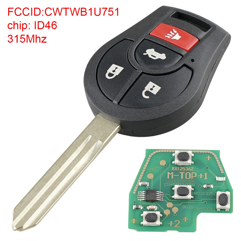 

315MHz 4 Buttons Car Remote Key Shell Fob Fit for Nissan Rogue 2008 - 2016 Versa CWTWB1U751 Smart Key Fob Case with 46 Chip