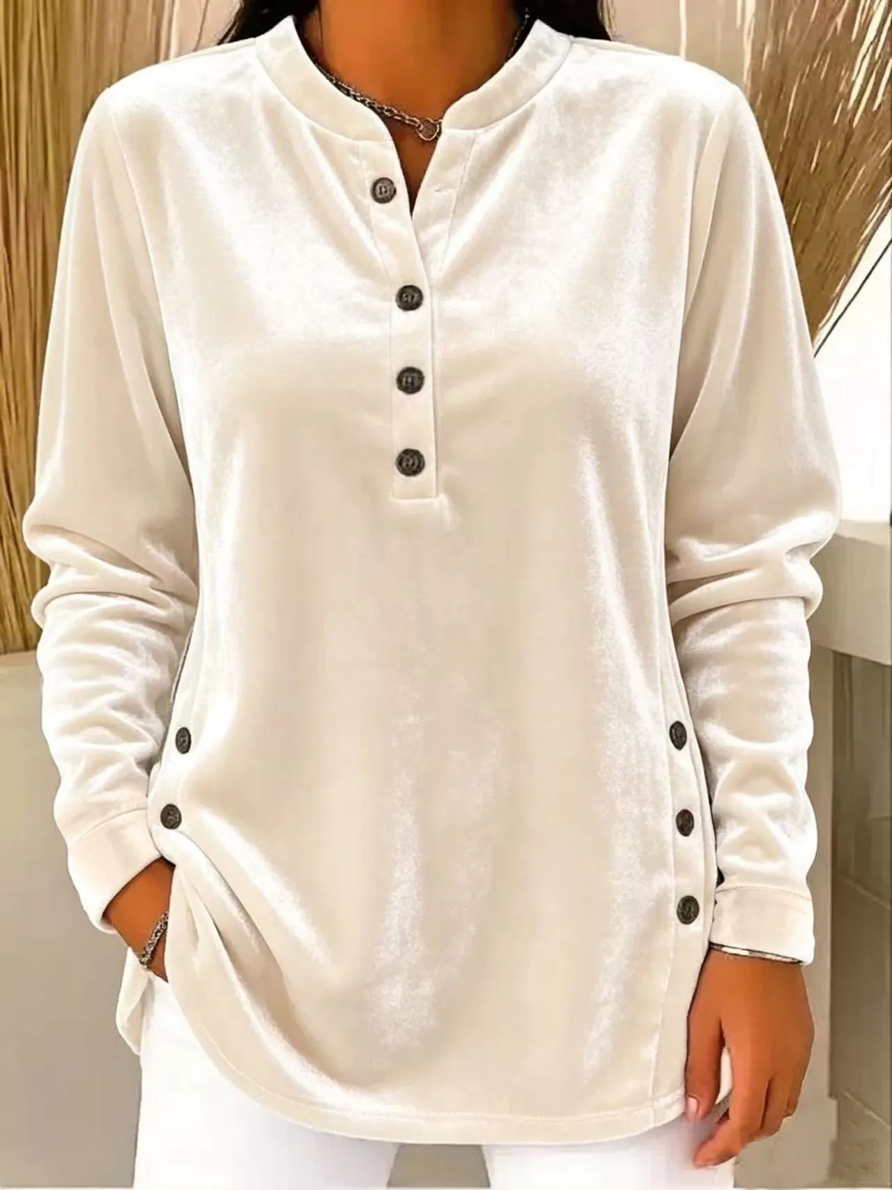 Women's Shirt 2026 Fall/Winter New Top, Velvet Casual Loose V-Neck Button Long Sleeve, Daily Workwear, Retro Style