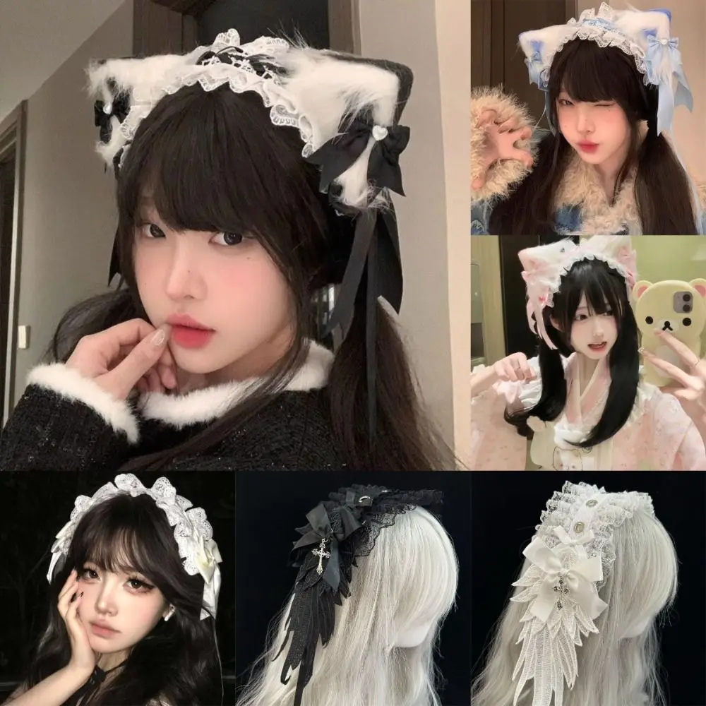 New Lolita Cat Ears Headband Bow Cosplay Head Wrap Lace Headdress Women
