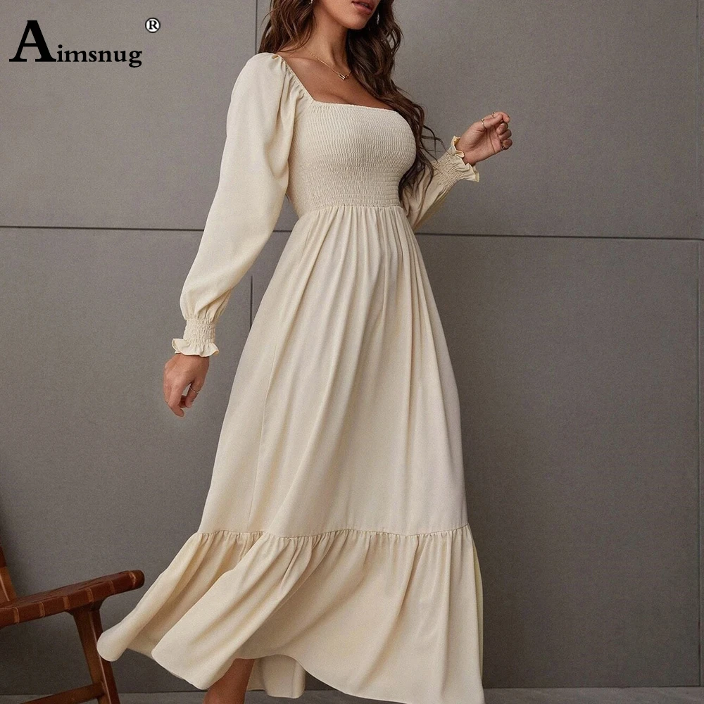 Women Elegant Maxi Dress 2024 Autumn Casual Square Collar Party Dresses High Cut Female Long A-line Dress Clothing Size S-4XL