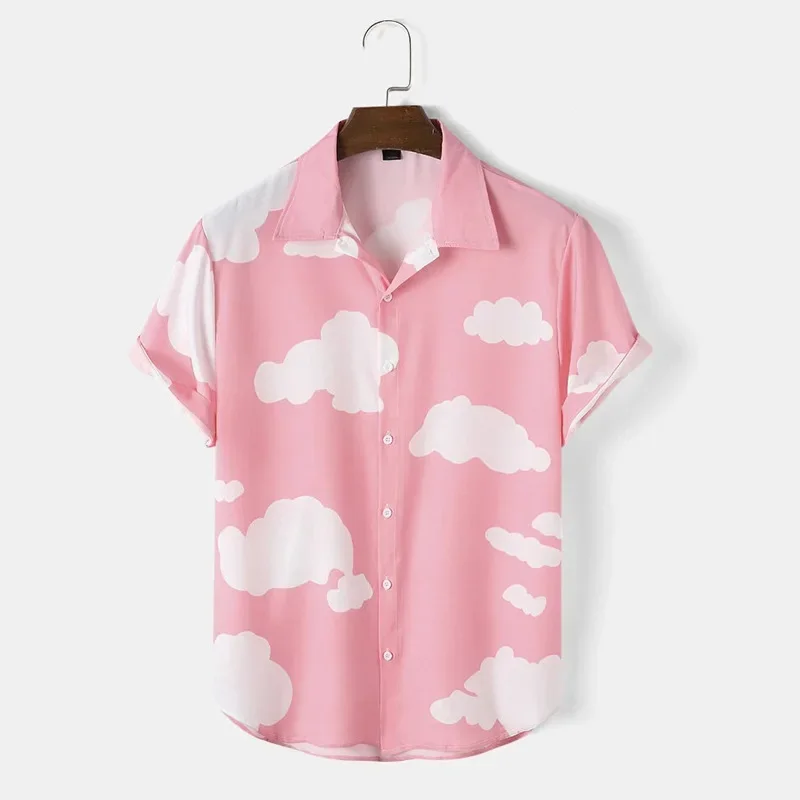 Beaches 2025 Summer New Fashion Men's Loose Turn-down Collar Short Sleeve Cloud Printed Casual Trendy Shirts Male Clothes Tops