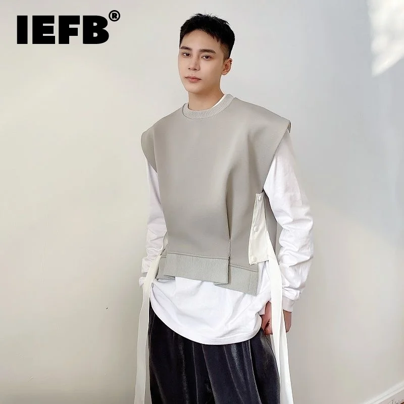 IEFB Korean Tide Personalized Ribbon Round Neck Men\'s Vest Trend Autumn Fashionable Pullover Niche Design Grey Waistcoat 9A0671