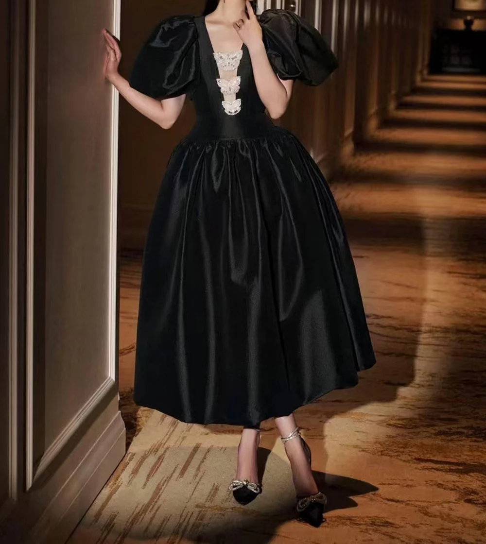 

2025 Spring and Summer New V-neck Mesh Beaded Bowknot Splicing Puff Sleeve Waist Midi Dress-GZDL111