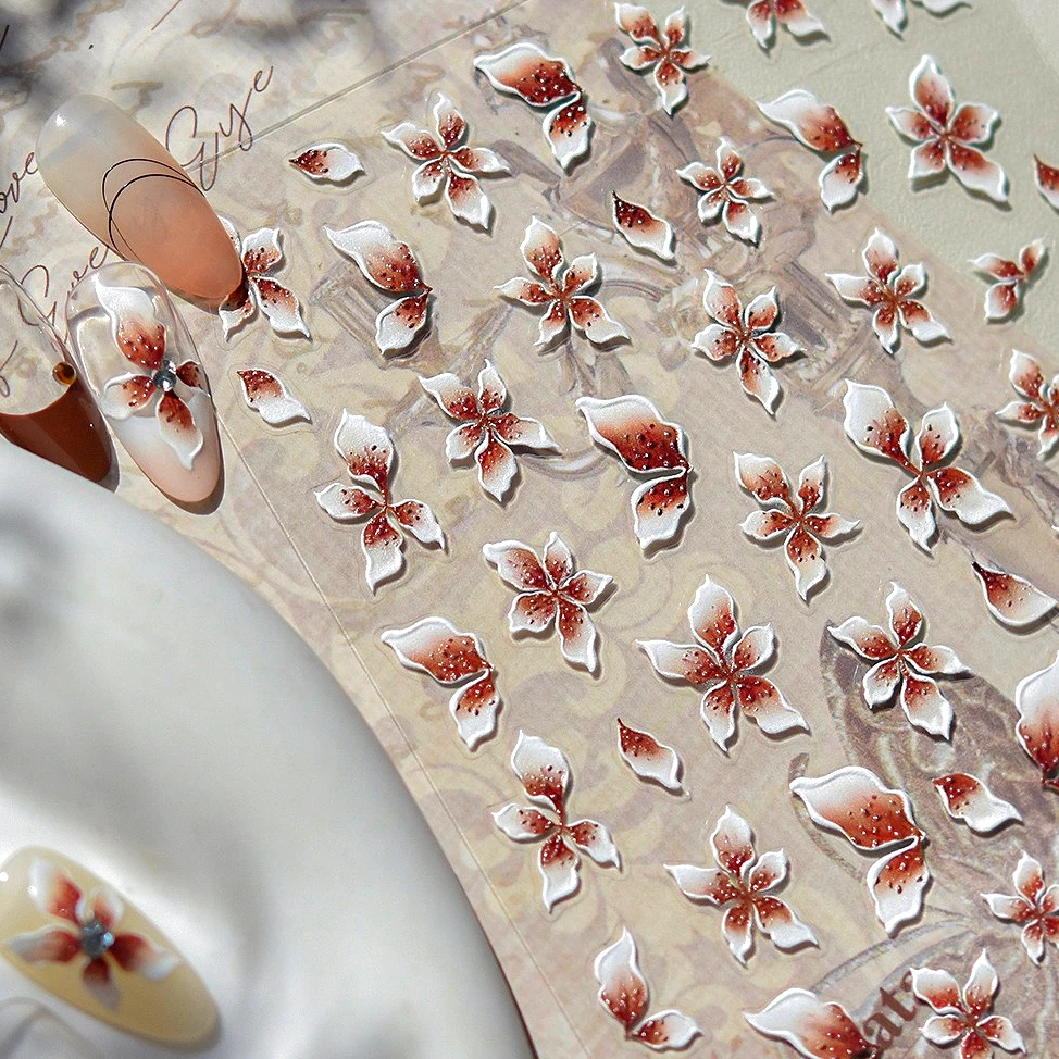 Retro sfumatura petalo fiore frangipano giglio delicato fioritura orchidea gelatina lusso vintage nail art adesivi decalcomanie fascino manicure