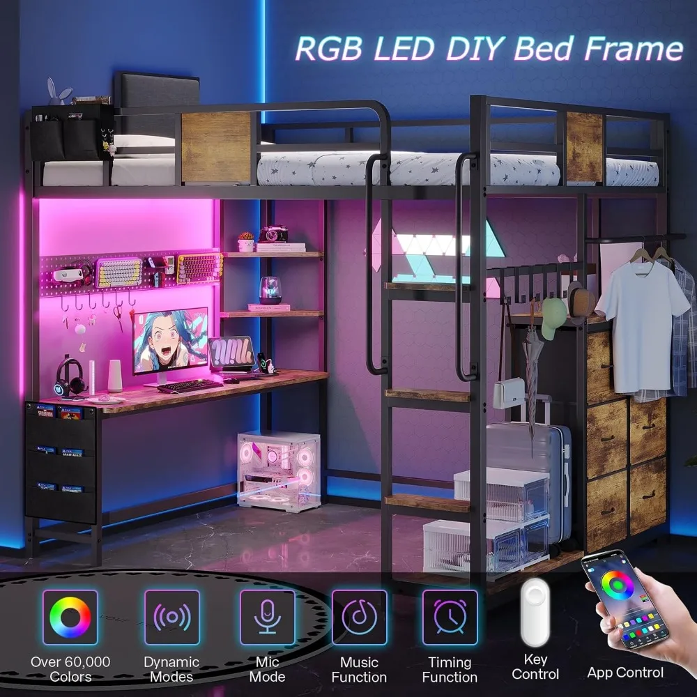 سرير علوي مع مكتب بالحجم الكامل، إطار سرير كامل الحجم مع 6 أدراج تخزين، 2 منظم بجانب السرير، 6 خطافات متحركة، أضواء LED وشحن
