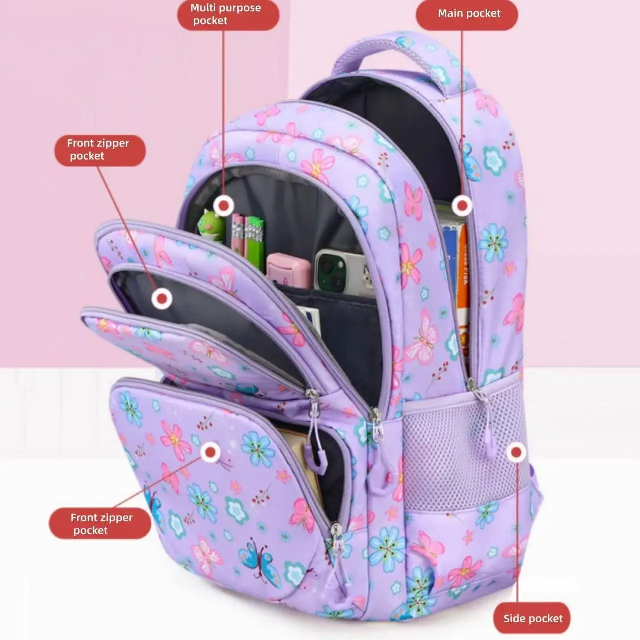 3-Piece Kids School Bag Set Butterfly Flower Print Water Resistant Lightweight Backpack With Insulated Lunch Bag Pencil Case view 2