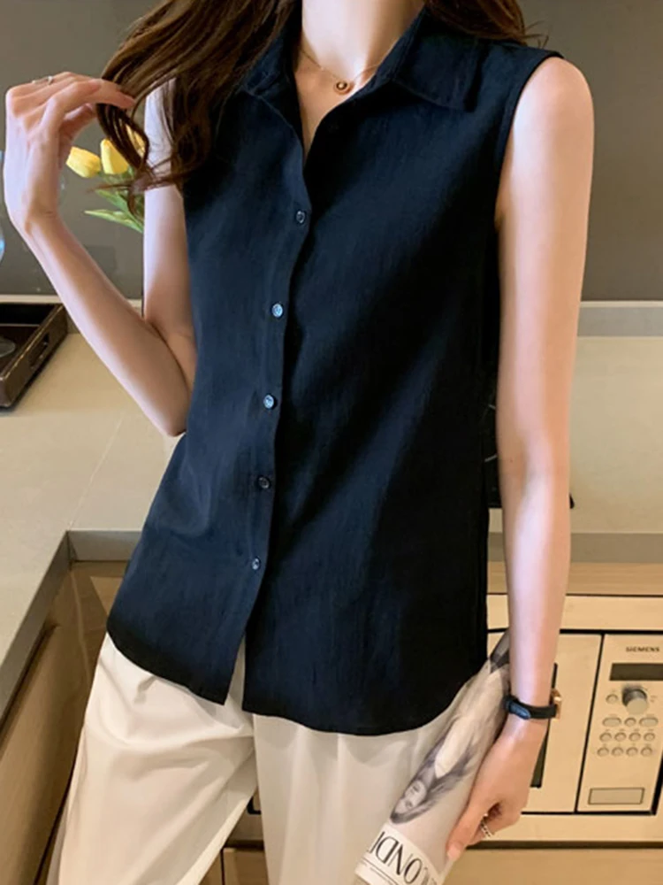 OL Style Shirts Women Turn-down Collar Sleeveless Women Blouse Tops Elegant Workwear Female Tops blusas femme Summer