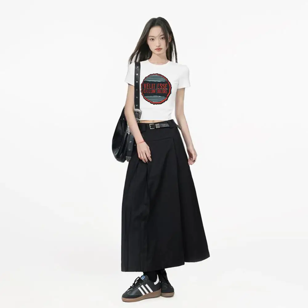

2025 Summer Women's Korean Street Style White Print Tee - O-Neck Short Sleeve Slim Fit Breathable Soft Cotton Casual Top