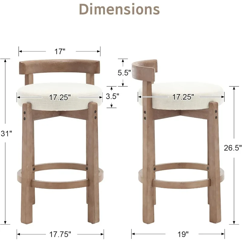Mid-Century Bar Stools Set of 2, 26.5 Inch Linen Counter Height Upholstered Barstools Bar Chairs with Solid Wooden Legs for Kitc #2