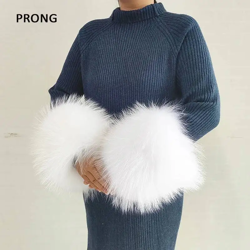 Real Raccoon Fur Cuffs Arm Warmer Women Bracelet Natural Fur Wristband Glove Sweaters Coat Plush Cuff Winter Warm Wrist Warmer