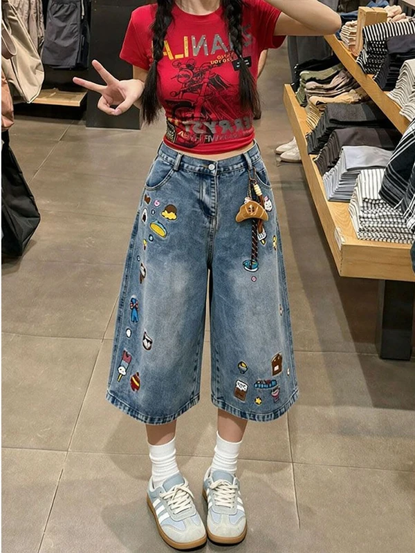 Loose Women's Summer Denim Shorts Embroidered Wide Leg Casual Style Cotton Blend Comfortable Fit Cartoon Design Ankle Length
