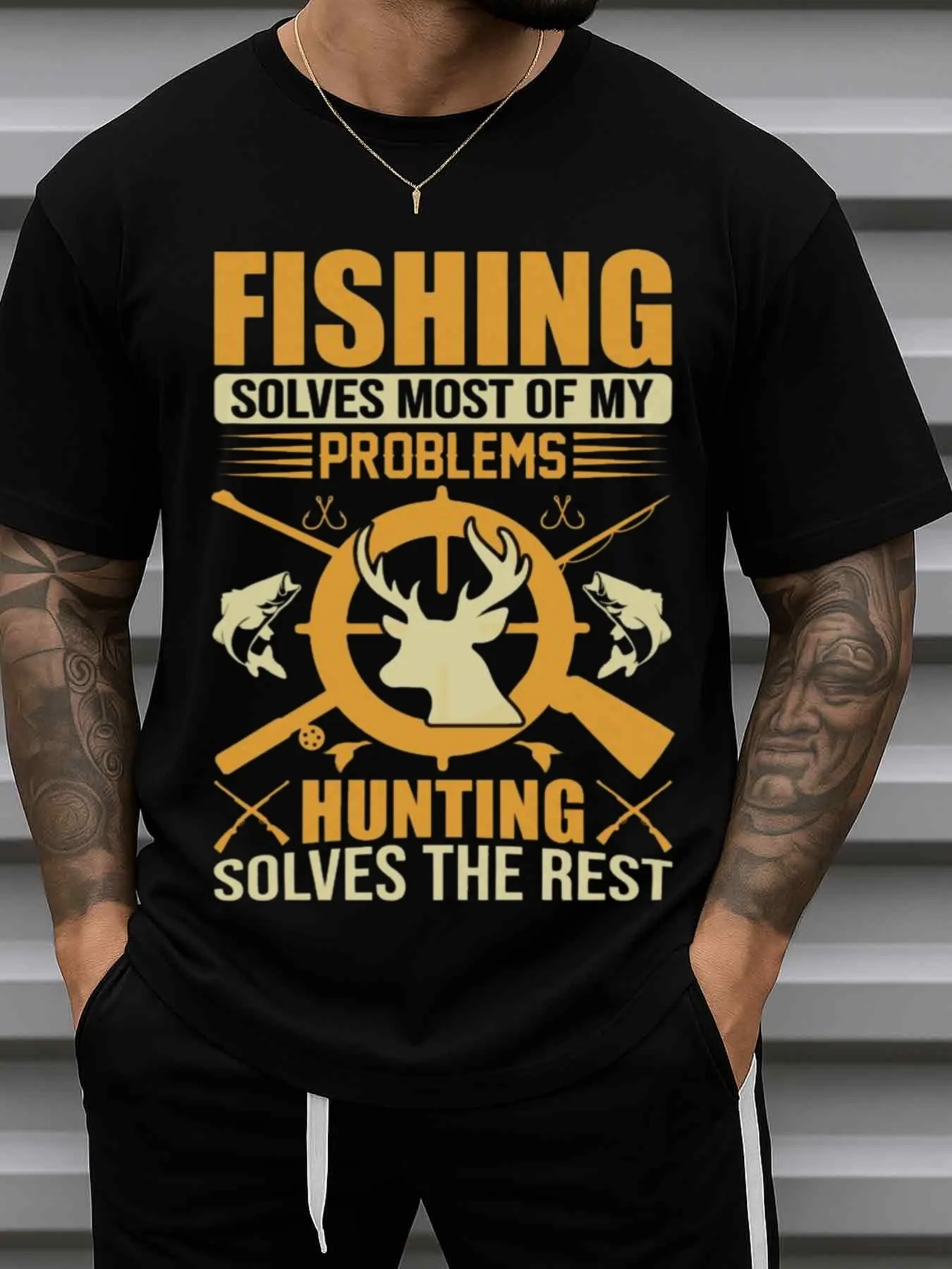 Men's Fun Fishing Graphic T-Shirt - Fishing Solves Most Problems Slogan, Fish and Hook Design - Black Casual Crew Neck Short-Sleeve T-Shirt, Suitable for Outdoor Enthusiasts, Ideal Gift for Fishing Enthusiasts and Men over 60 Years Old (New Year Gift)