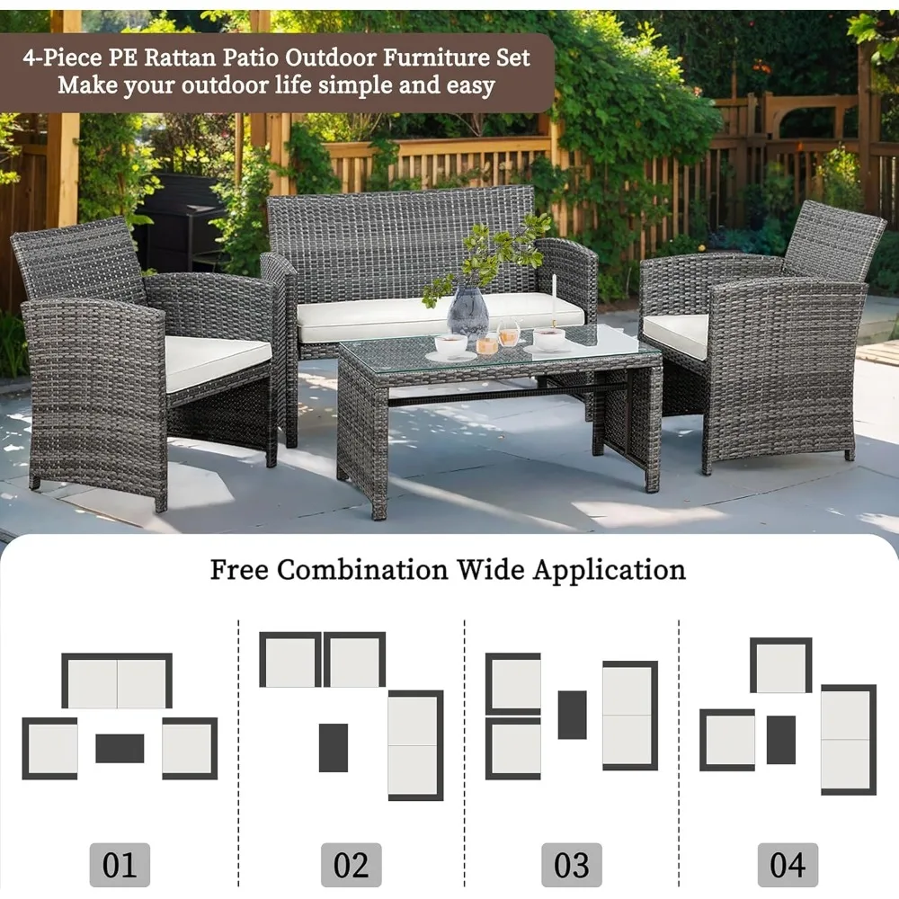 4 Piece Patio Ratten Set Outdoor Furniture Set Wicker Conversation Set with Cushions and Tempered Glass Tabletop,Beige