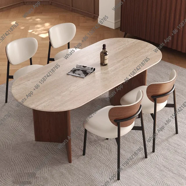 

French retro solid wood Deli Feng rock slab dining table and chair combination simple oval designer medieval dining table
