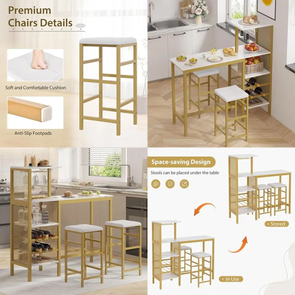 

Modern 3-Piece Dining Set with Storage, Cup & Wine Rack, Leather Cushion Stools, Ideal for Small Kitchen Spaces, Gold