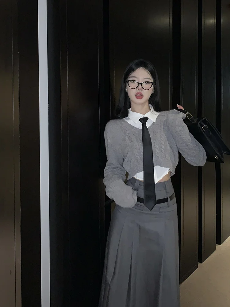 

plus Size Women's Korean Sle Casual V-Ne Knitted Sweater High Waist Skirt Tee-Piece Set Autumn Faion Outfit