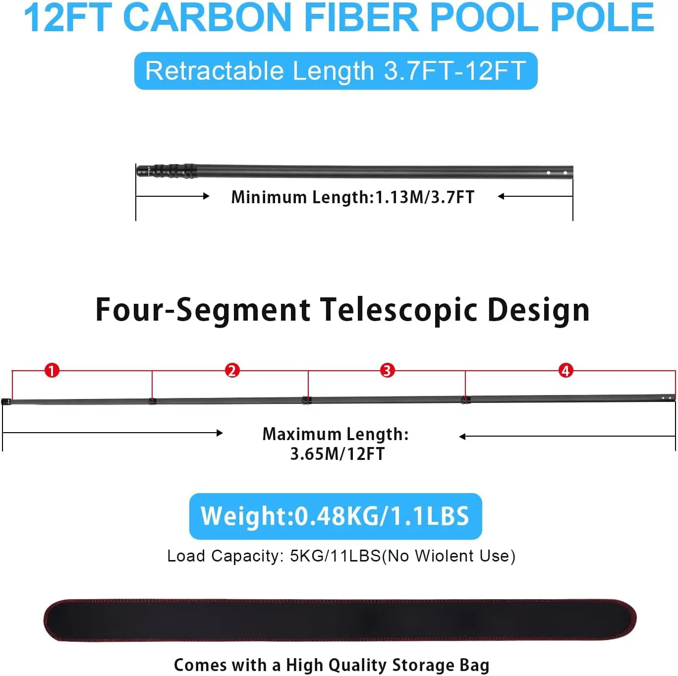 Carbon Fiber Pool Pole, 12 Foot Telescoping Swimming Pool Cleaning Pole, Telescopic Pool Pole 3.7 to 12 FT, Professional Poles