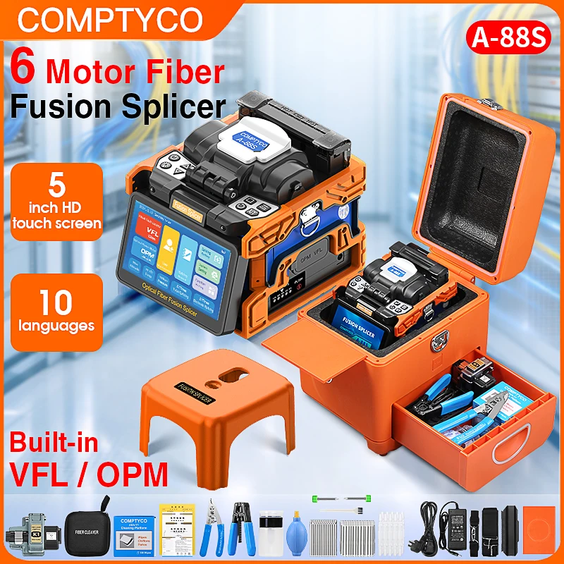 COMPTYCO A-88S Optical Fiber Fusion Splicer 10 Languages Touch Screen SM MM Fiber Optic Core Welding Machine Built in VFL OPM