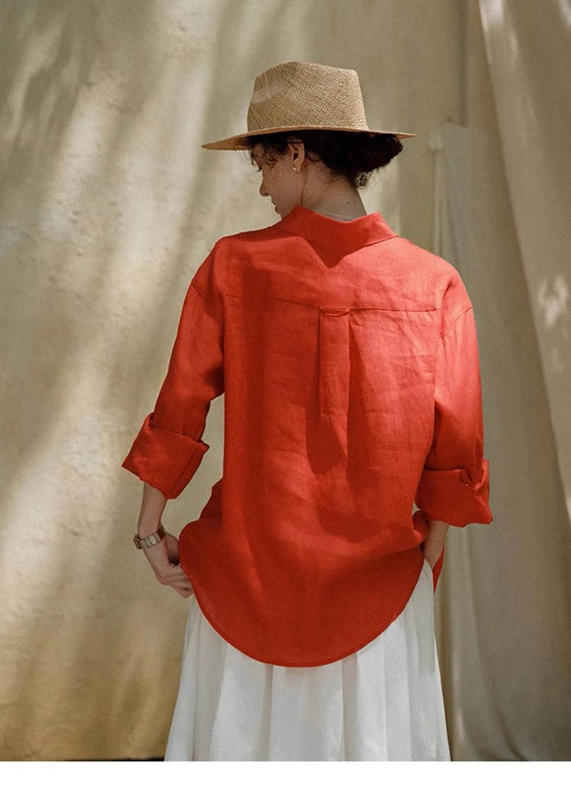 Camicia a maniche lunghe da donna in lino 100% Lino naturale rosso Allentato Top casual taglie forti per giochi all'aperto Comodo sudore da polso fresco