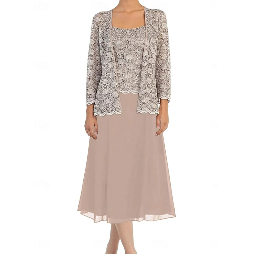Customized 3 Pieces Mother of the Bride Dresses with Jacket Lace Chiffon Tea-Length A-Line Wedding Guest Party Groom Dress 2026