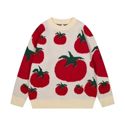 Camisola de malha masculina e feminina bordada com tomate, macacões com gola redonda dos desenhos animados, moda japonesa malhas, outono e inverno, Y2k