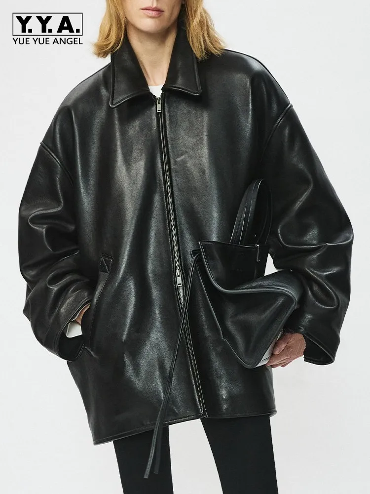 Retro Female Turn-Down Collar Genuine Leather Jacket Fashion Long Sleeves Zipper Coats Solid Color Sheepskin Motorcycle Outwear