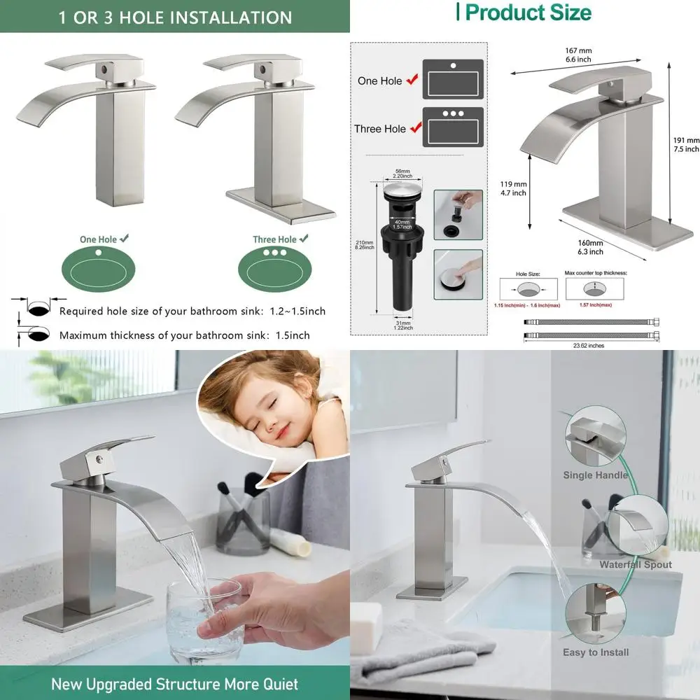 

Modern Brushed Nickel Single Handle Bathroom Faucet with Pop-Up Drain for 1 or 3 Hole Sinks, Suitable for RV, Sink, and Camper,