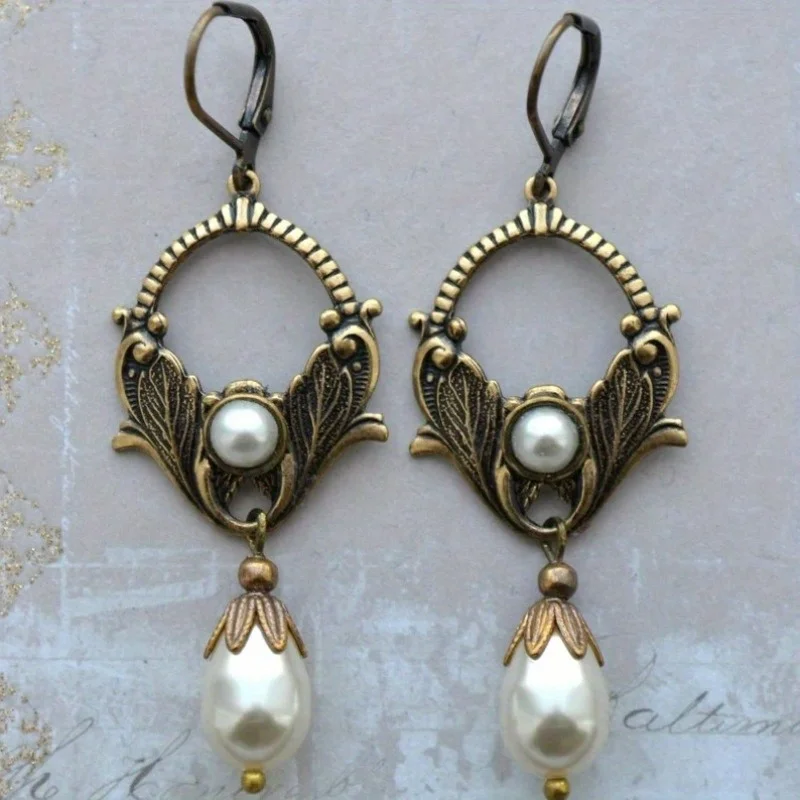 Pendientes de novia de perlas de cristal Art Déco, aretes florales de latón dorado antiguo, Art Nouveau