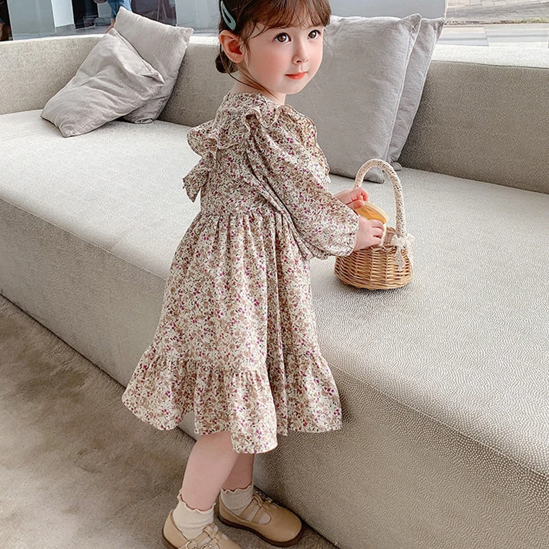 Girls Floral Princess Dress Spring Autumn New Pleated British Style Children\'S Clothing Pastoral Style Girls Fashion Kids Outfit