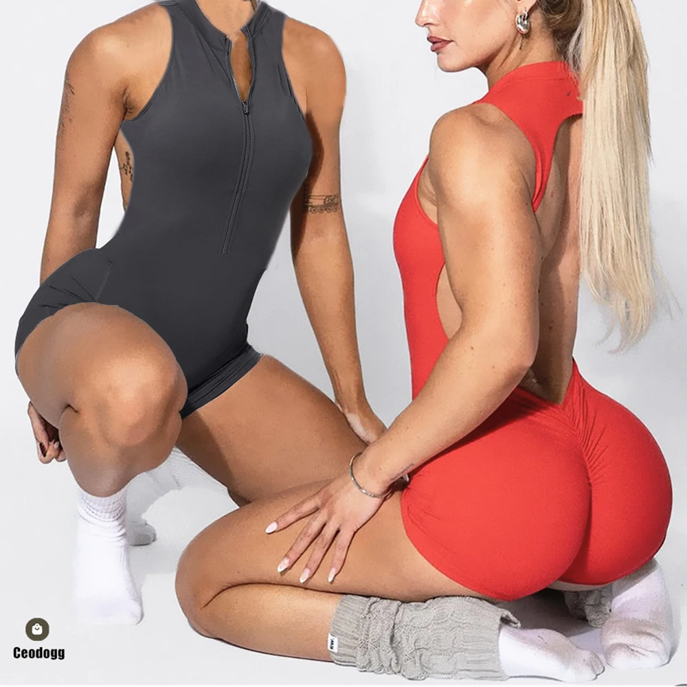 Pad Zipper Sleeveless Yoga Set Women Fitness One Piece Jumpsuit Gym Workout Scrunch Shorts Athletic Bodysuit Rompers XP87