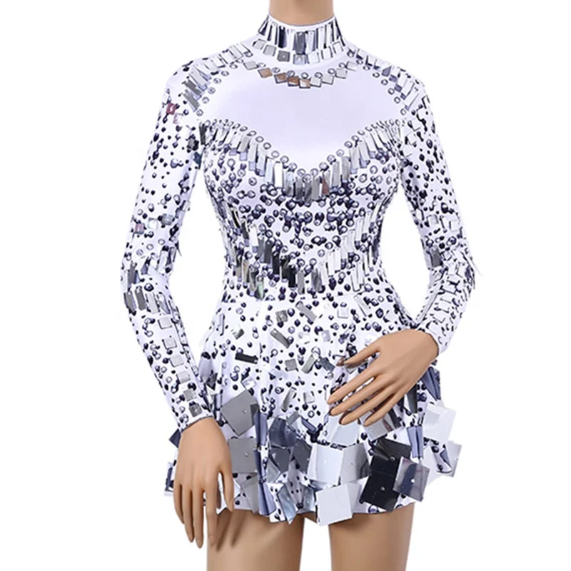 

Women Shiny Mirror Sequin Dress Long Sleeve Mesh Bodycon Stage Performance Costume Nightclub Party Singer Dance Evening Gown