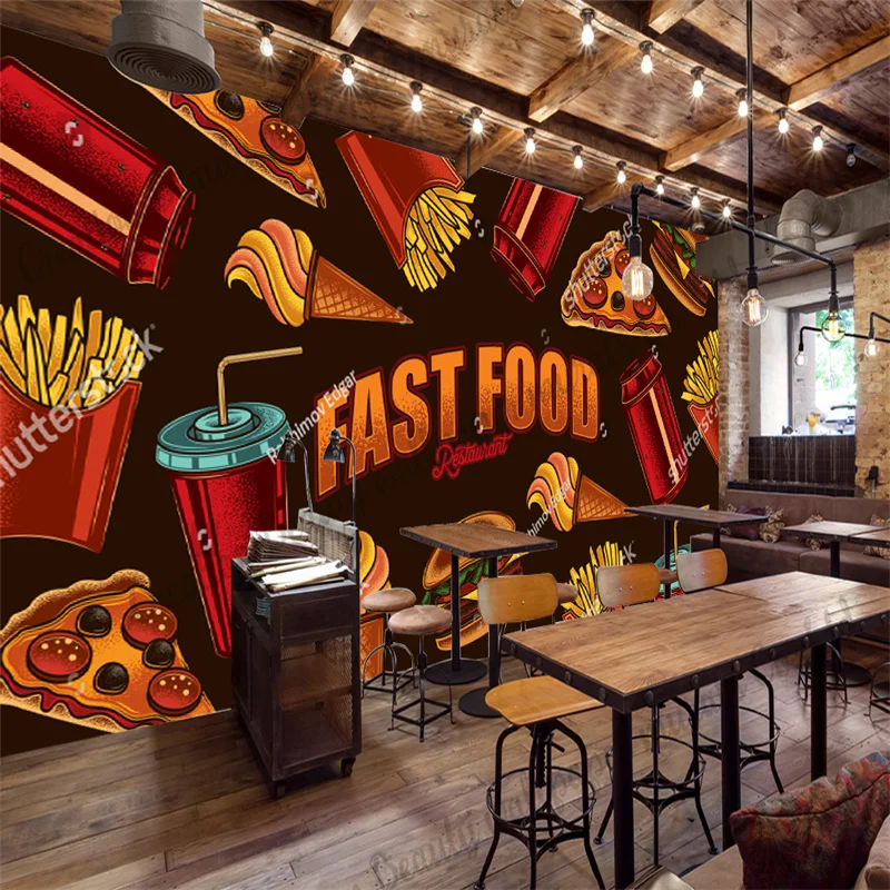 Custom Hand-painted Fast Food Wallpaper Industrial Decor Burger French Fries Pizza Mural Restaurant Snack Bar Background Wall