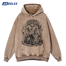 Vintage Apricot Anime Print Hoodie Hip Hop Streetwear Men Washed Hooded Pullover Harajuku Autumn Winter Cotton Hoodie