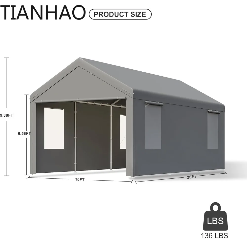 Carport,10x20 Heavy Duty Carports, Canopy, Garage, Metal Shed, with 4 Roll-up Ventilated Windows, Outdoor, Storage, Car, Boat