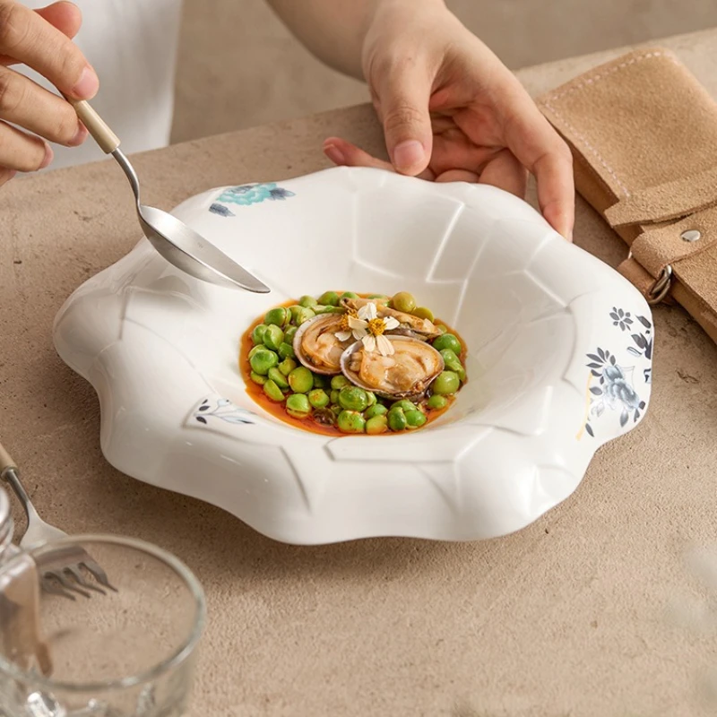 

Crackle-Glaze Ceramic Soup Bowl Creative Soup Plate Hotel Tableware Fruit Salad Bowl Pasta Bowl