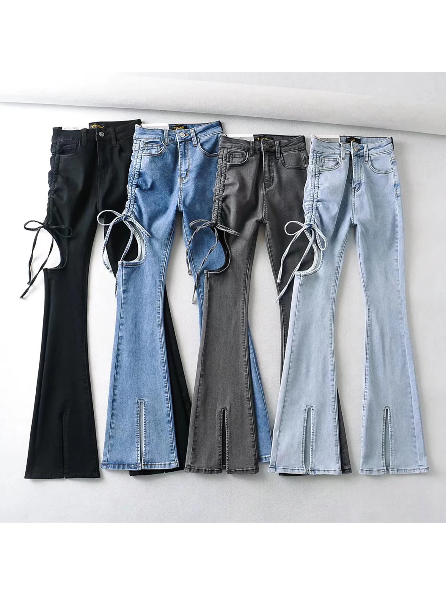 

Women's Black Gothic Baggy Y2k Emo Flare Jeans Vintage Harajuku Lace-up Hollow Jean Pants Japanese 2000s Denim Trousers Autumn