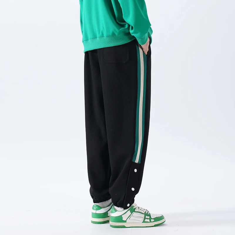 Men's Spring Autumn Button Stripe Pocket Elastic High Waist Solid Casual Sports Pants Tie Heel Harlan Trousers Vintage Pants