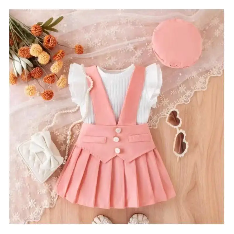 Girls 3Pcs Summer Outfits Ripple Ribbed Flutter Sleeve T-shirt+Suspender Skirt + Hat Set Multi-color Kids Clothes Europe America