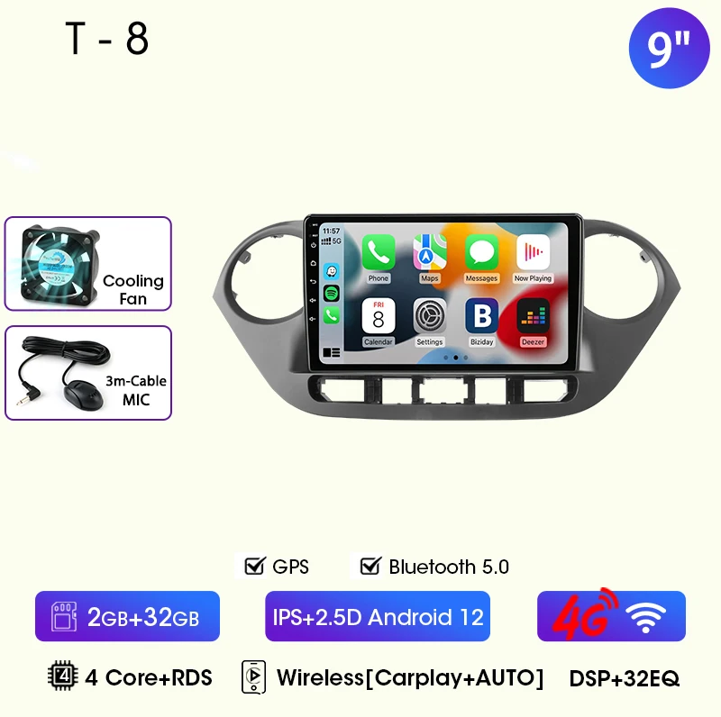 9 "Autoradio Voor Hyundai Grand I10 I 10 2013 2014 2015 2016 2017 2018 Android12 Carplay Auto Multimidia Videospeler Head Unit