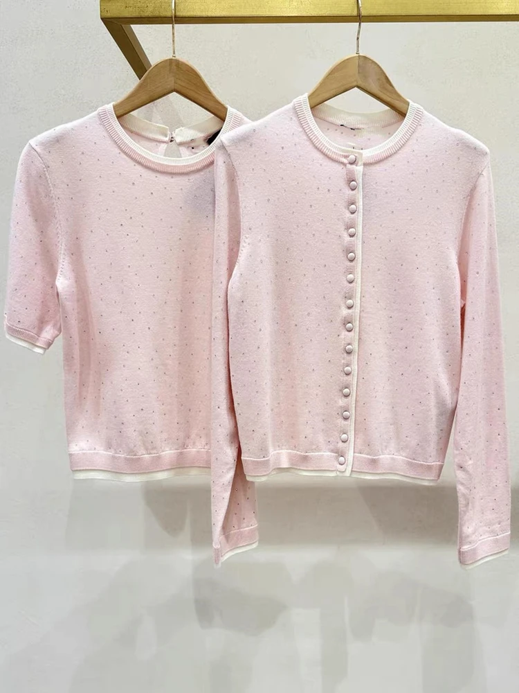 

High-End Version Faionable Pink round Ne Diamo ort Sve Top Long Sve Open Cardigan Set Women's Casual Wear