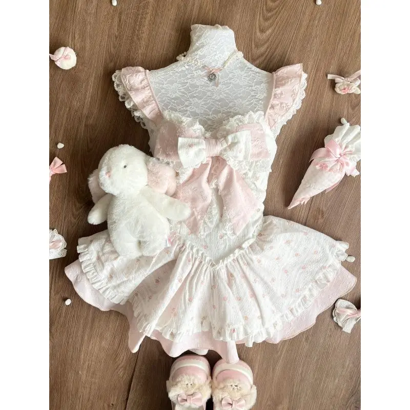 Vestido de princesa de renda de verão doce menina plissado sem mangas vestido feminino arco rosa bonito estilo lolita malha saia em camadas roupa adorável