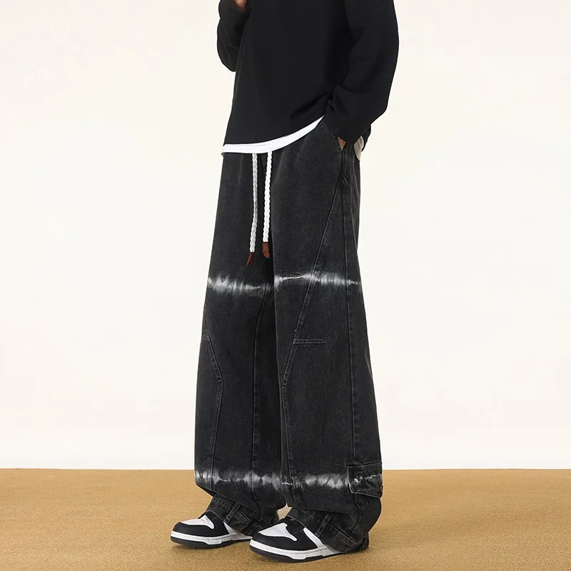 American Style Cotton Tie Dye Straight Leg Loose Fit Men Jeans Spring Autumn Casual Man Pants