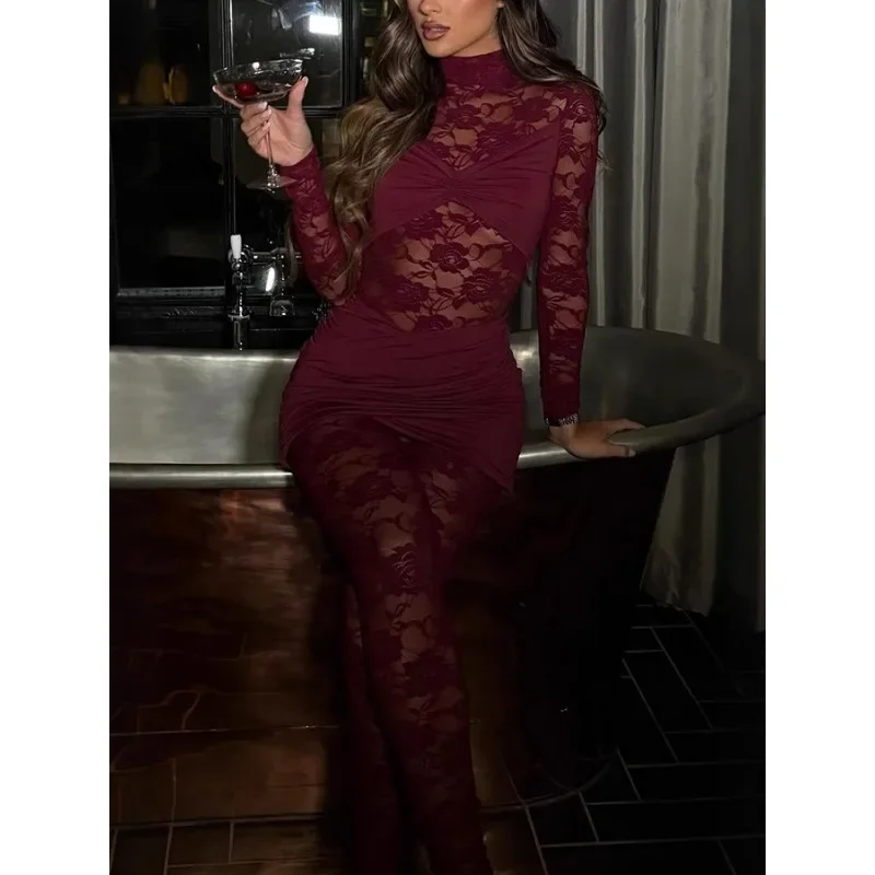 레이스 루슈 하이넥 스키니 스플라이싱 바디콘 롬퍼 생일 의상 섹시 메쉬 홀 아웃 시어 점프수트 나이트 클럽웨어