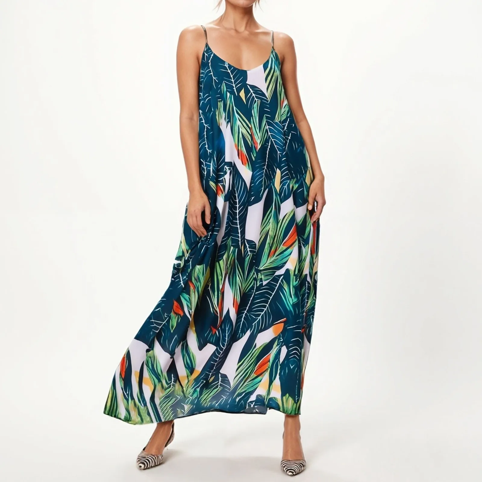 

Women's V-neck Printed Casual Dress 2025 Spring Summer Fashion Sexy Beach Slimming Personality Robe Femme Suspenders Dresses